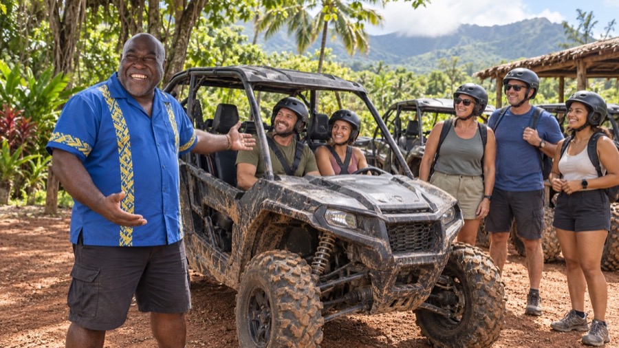 Frazer greeting an ATV buggy group before a tour