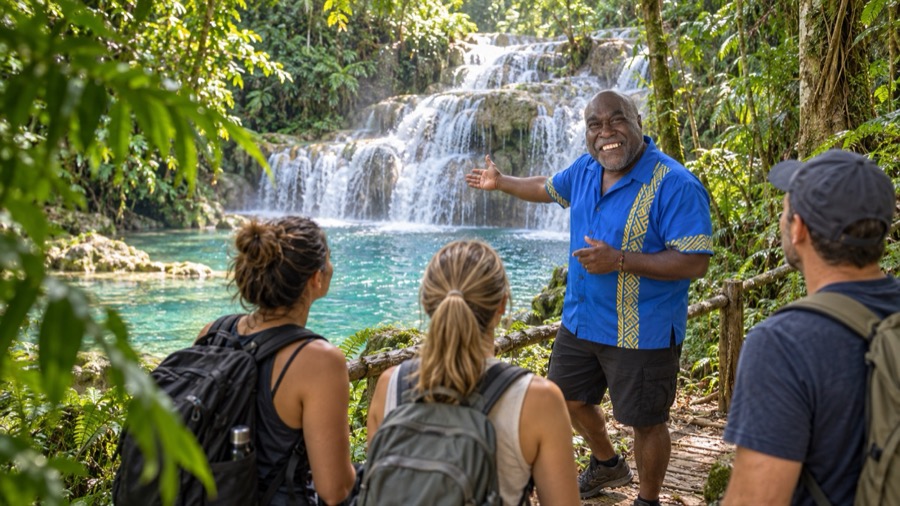 Guide presenting Rarru Cascades waterfall to visitors