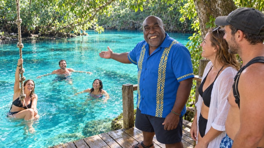 Frazer welcoming visitors swimming at Blue Lagoon