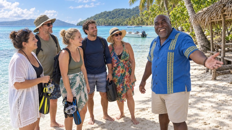 Frazer with a snorkeling group on Pele Island beach